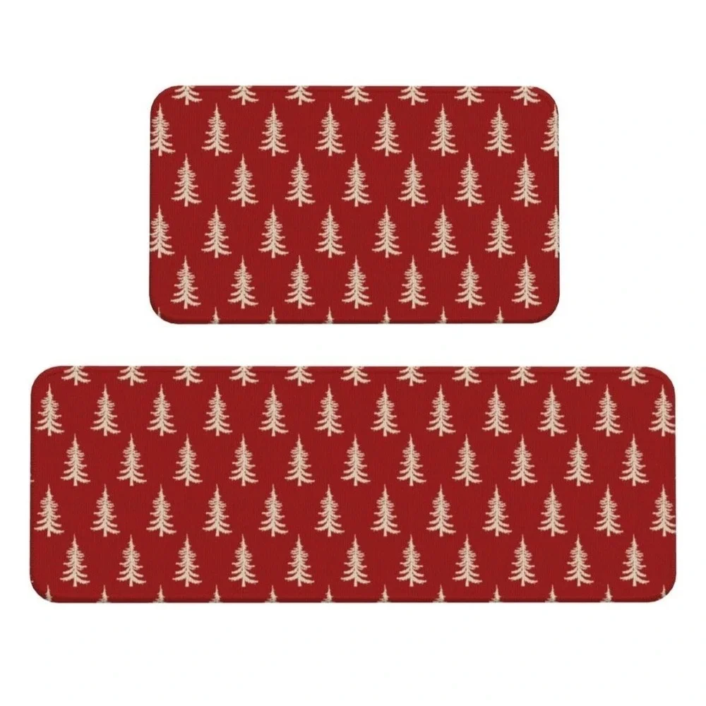 Christmas Kitchen Mat Set Of 2 With Red Christmas Trees White Christmas Mat Set